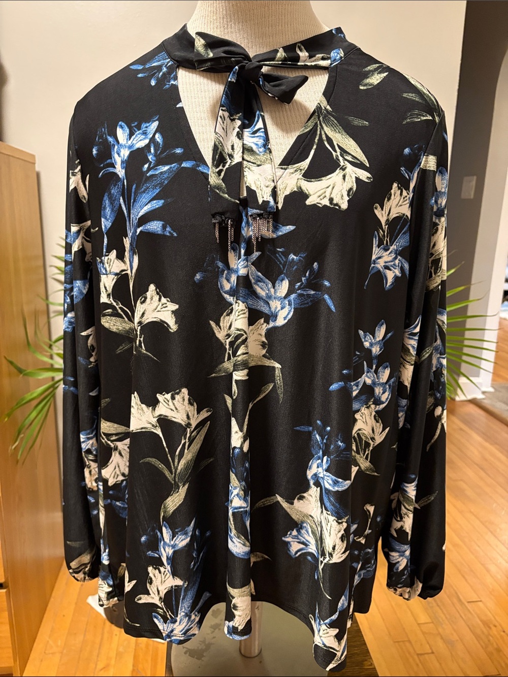Tie-Neck Floral Long-Sleeve Blouse - Black with Blue & Cream Floral